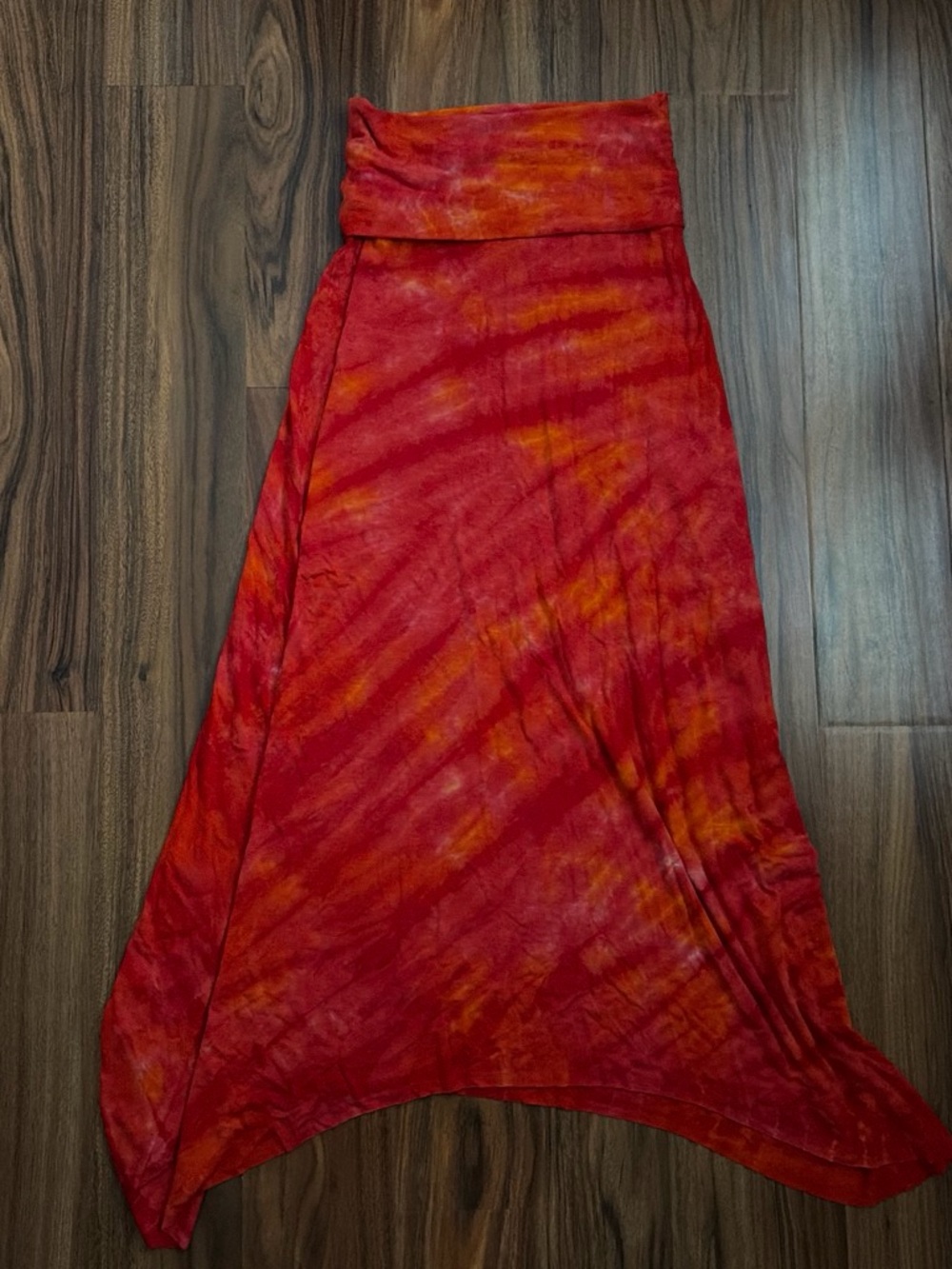 Red Tie-Dye Maxi Dress with Fold-Over Waist